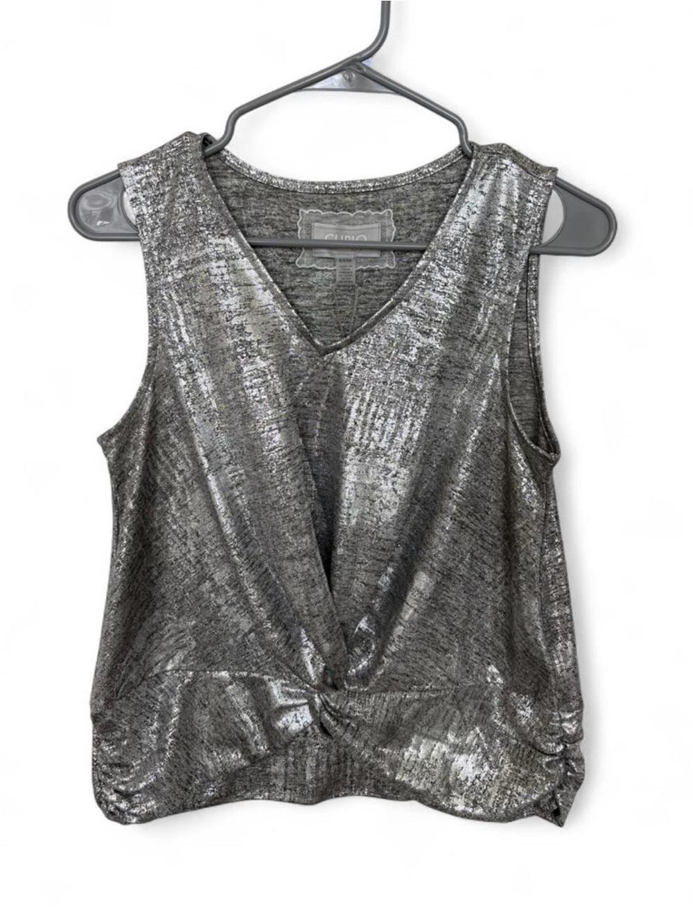 NWT Cupio Silver Metallic Twist Front Sleeveless Tank Top Small Ruched V Neck